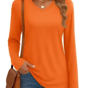 Women‘s Solid Color Drop Shoulder Breathable Cotton Shirts V Neck
