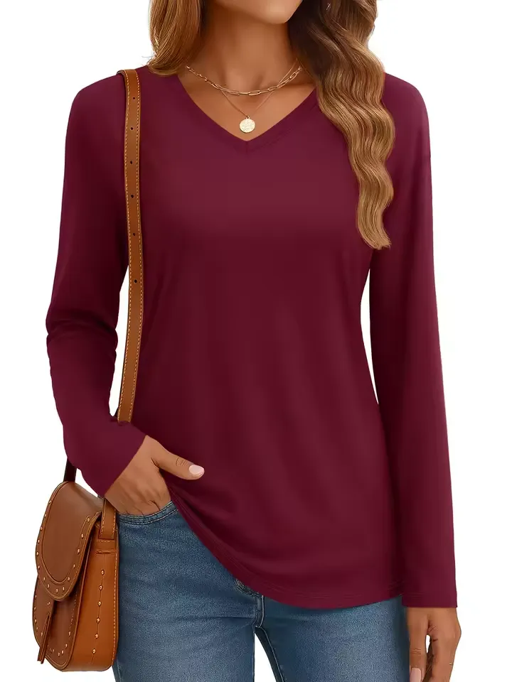 Women‘s Solid Color Drop Shoulder Breathable Cotton Shirts V Neck - Image 4