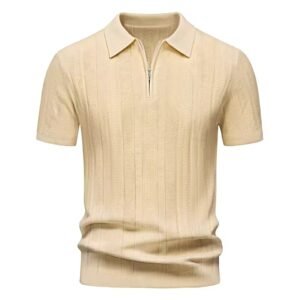 Mens Knit Polo Shirt Short Sleeve Zip Summer Breathable Lightweight Casual Stretch Golf Polo
