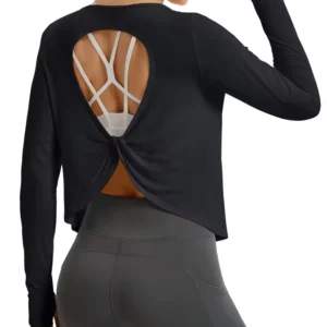 Women's Long Sleeve Workout Tops Open Back Yoga Shirts with Thumbholes Twist Back Activewear Gym